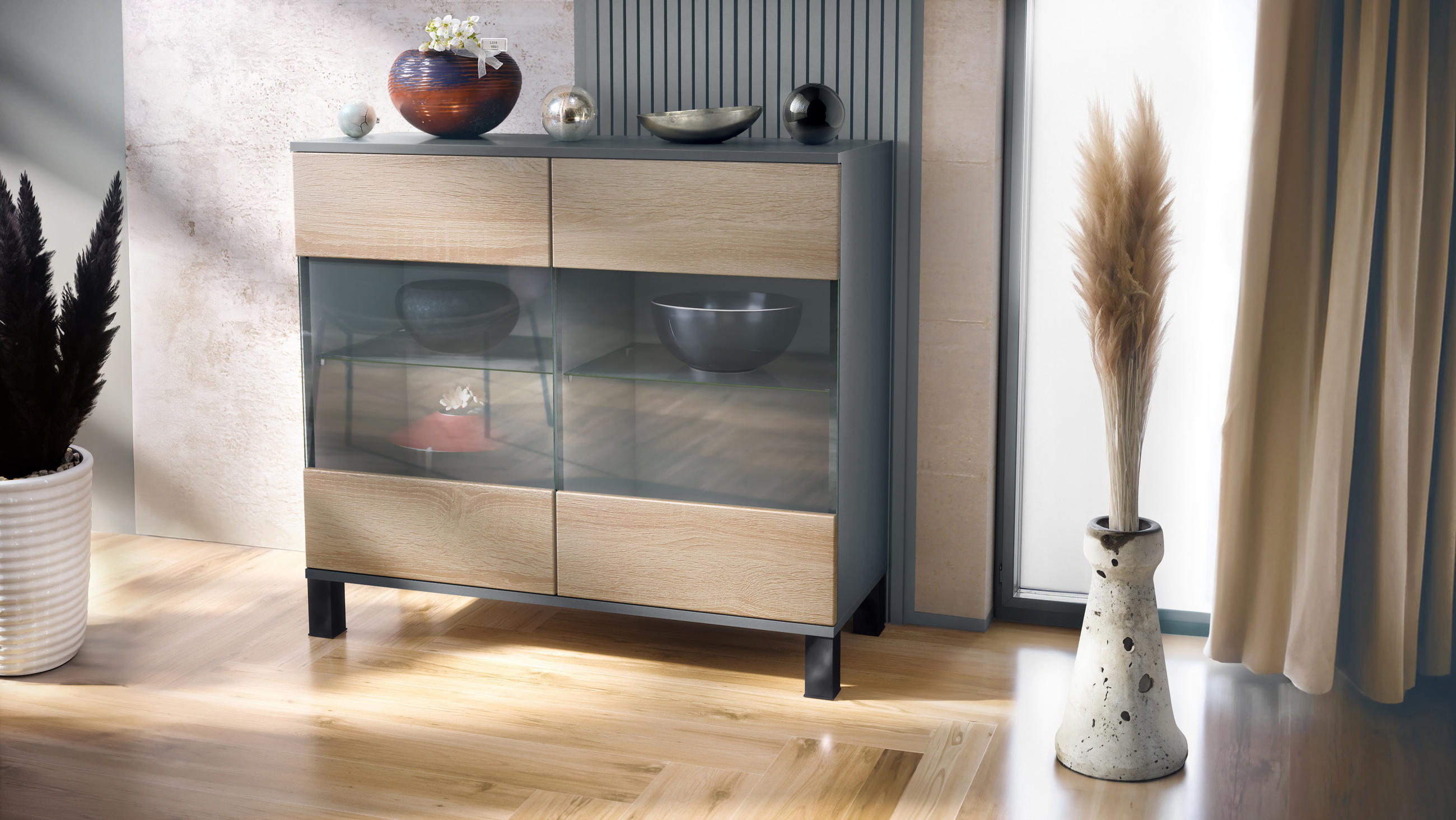 KOMMODE Bari Eiche sägerau - Eiche San Remo, Holzwerkstoff (92.5/84.5/35cm) - Vladon