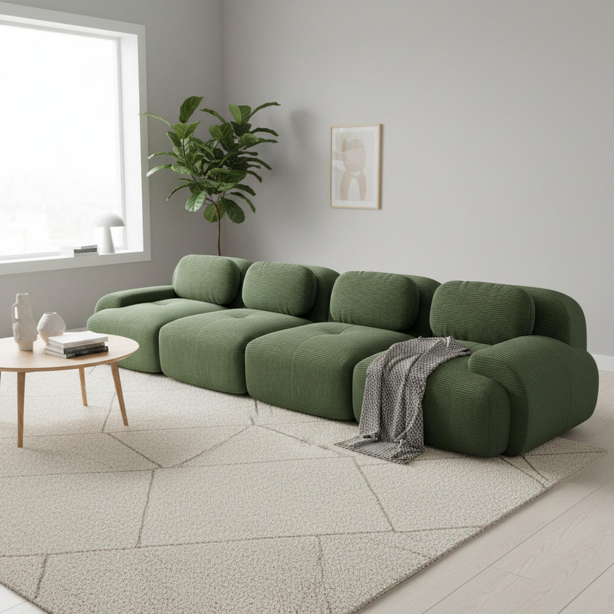 4-SITZER-SOFA in Premium-Cord Grün Montagefrei & Rutschfest - Grün, Textil (388/75/103cm) - Urban Meuble