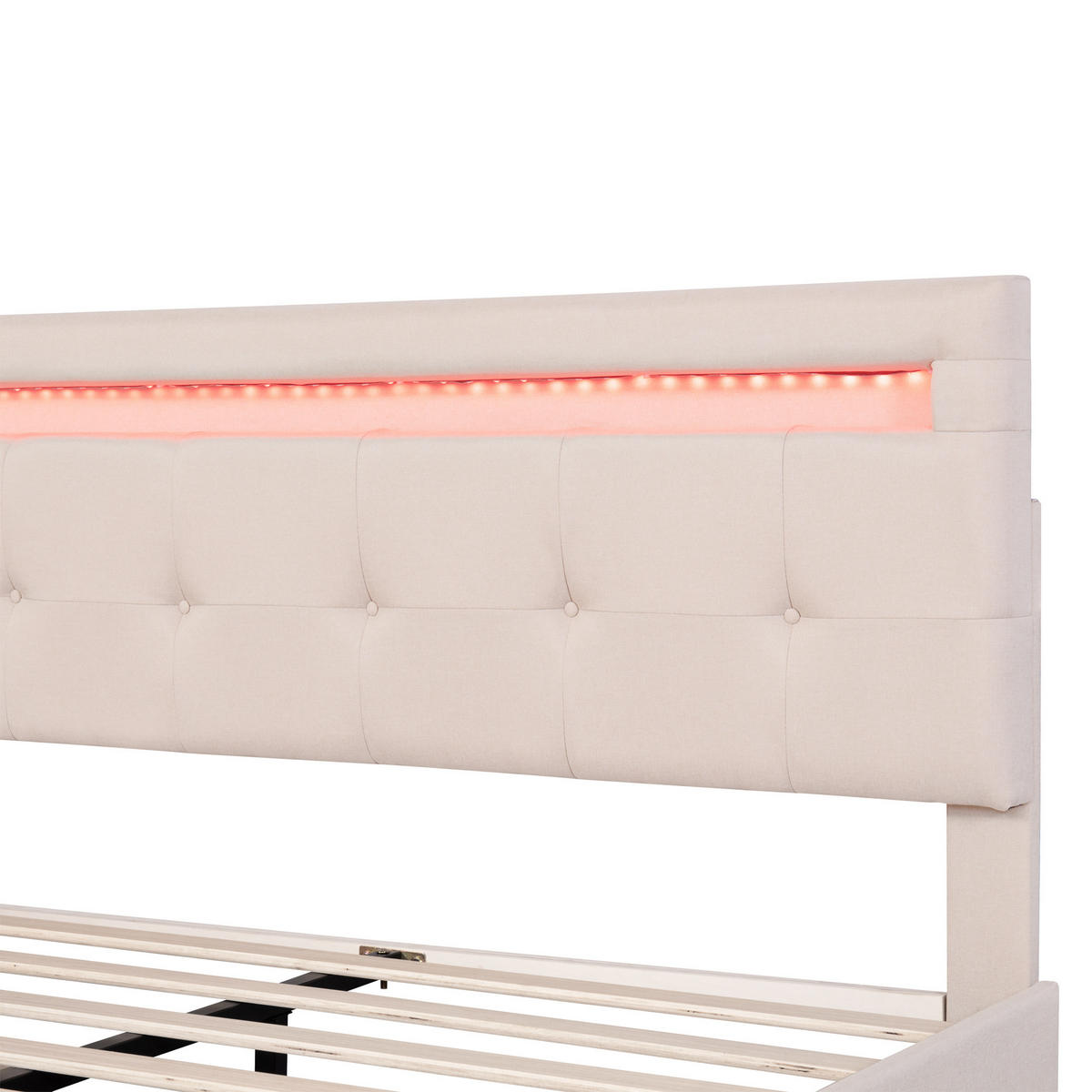 POLSTERBETT 140/200 cm DE-01701, in Beige, mit LED, 4 Schubladen und Bettkasten auf Rollen - Beige, Metall (140/200cm) - ComfortXL