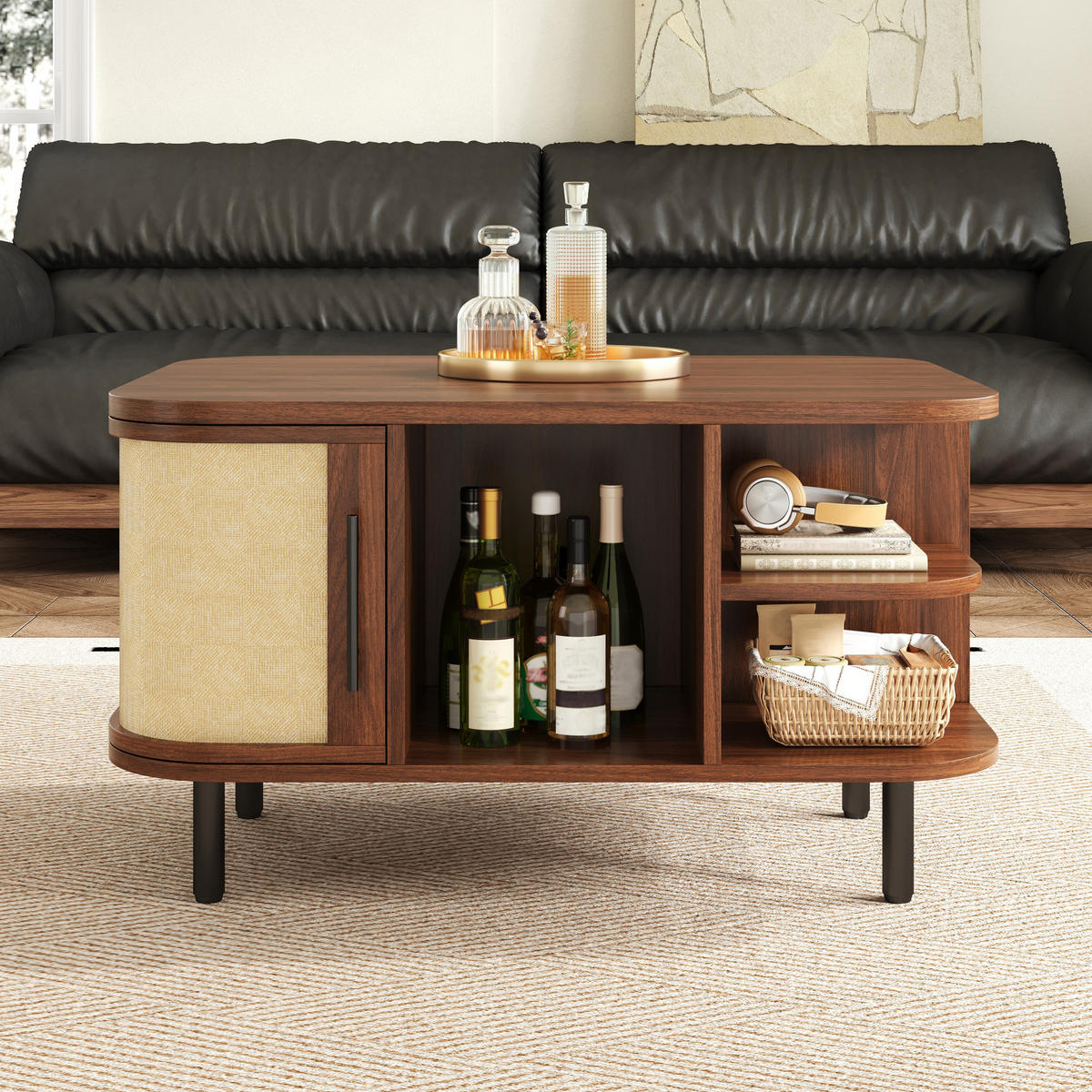 COUCHTISCH Stauraum, Flechtoptik, geschwungene Form - Walnussfarben, Holzwerkstoff (60/80/47cm) - FLIEKS