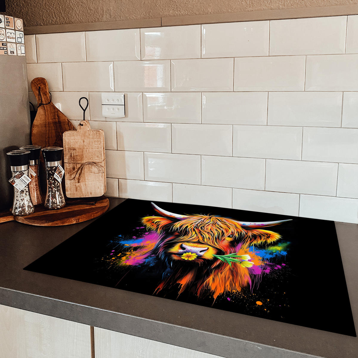 HERDABDECKPLATTE Schottischer Highlander - Graffiti - Bunt - Blume - Tiere Herdabdeckung Induktionsfeld 75x52 cm - Multicolor, Kunststoff (75/52/0.2cm) - MuchoWow