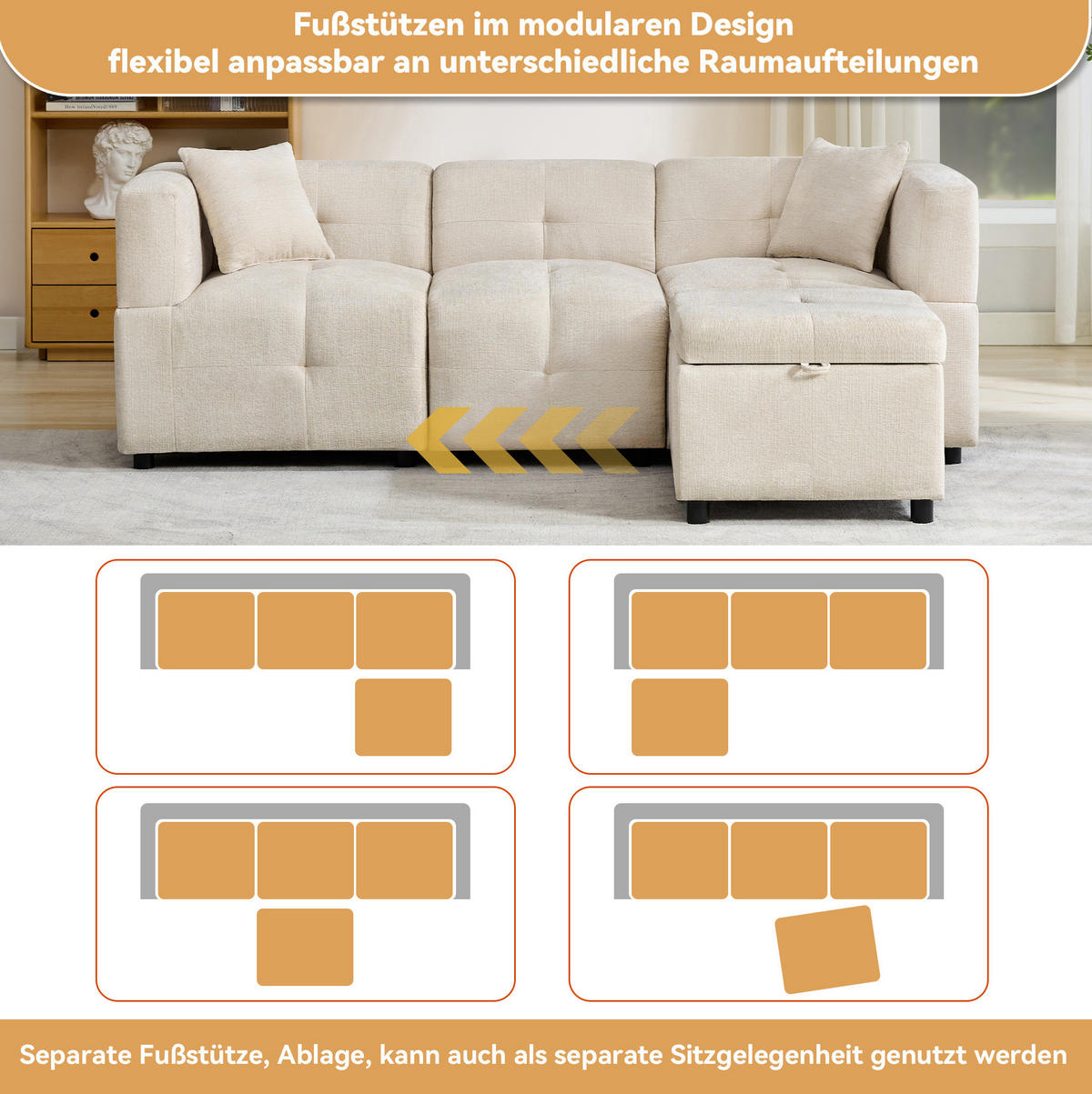 ECKSOFA 204/126/69 cm Beige aus Chenille mit Stauraum-Fußhocker - Beige, Textil (126/204cm) - OKWISH