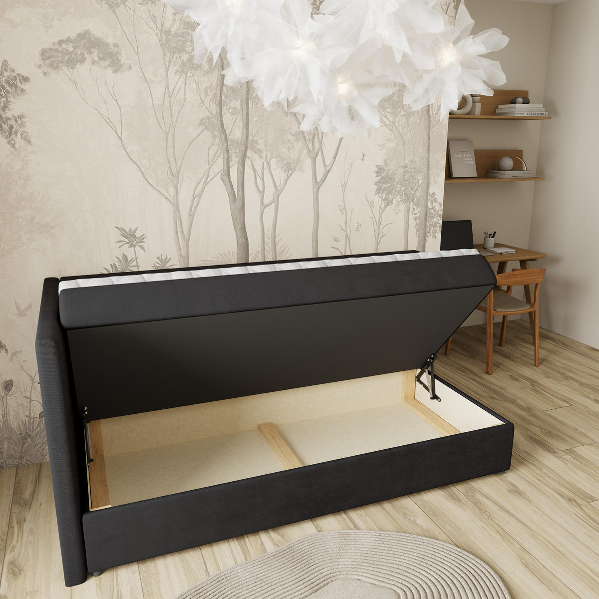 BOXBETT ARIS 80x200 cm mit Matratze und Topper, H2+H3 - Schwarz - Schwarz, Holz (80/200cm) - MASSENO