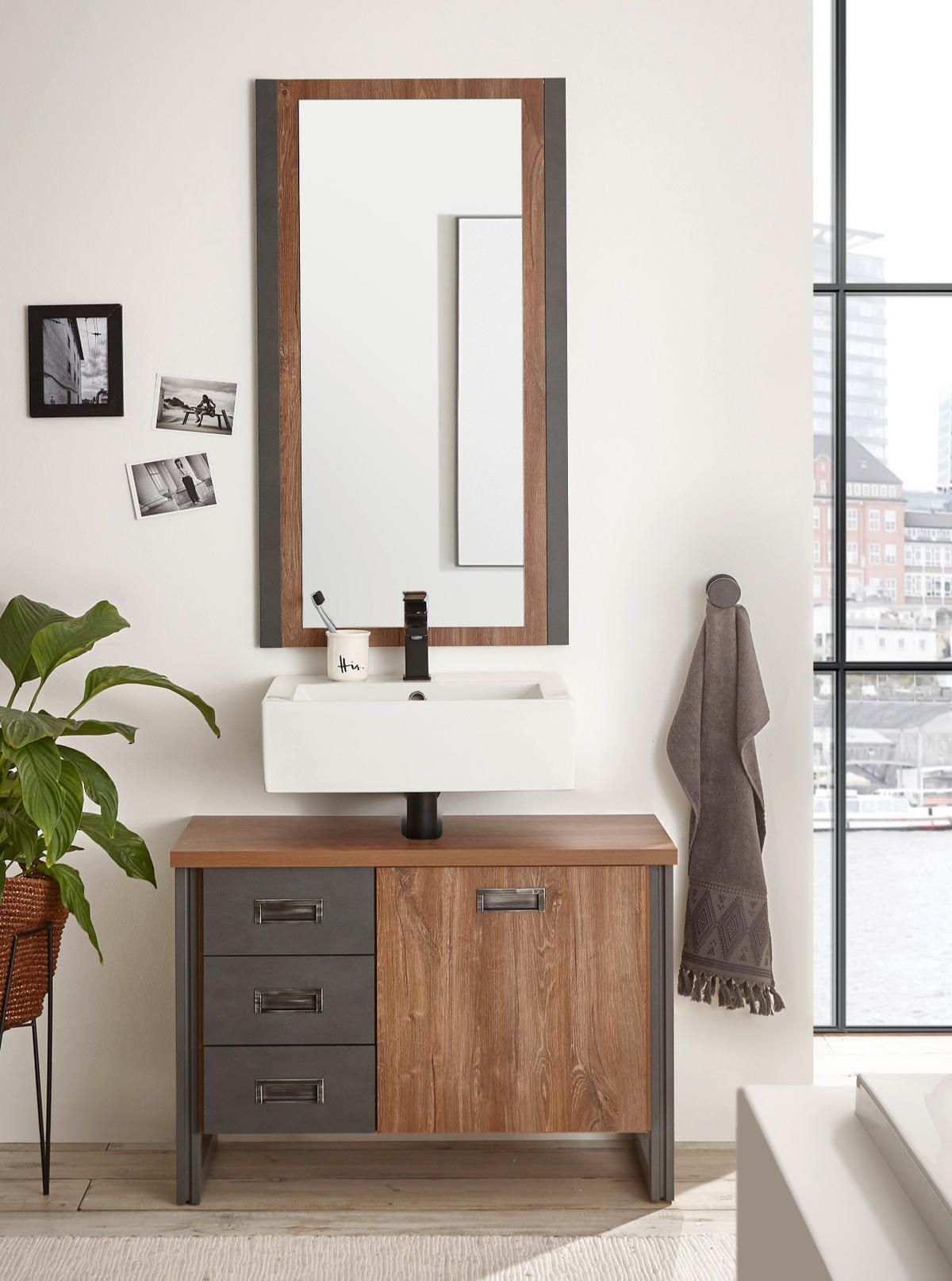 BADMÖBEL-SET 3-teilig Eiche Stirling, Matera grau, Badkombination 191 x 205 cm - Eichefarben/Grau, Holzwerkstoff (191/205/40cm) - Furn.Design