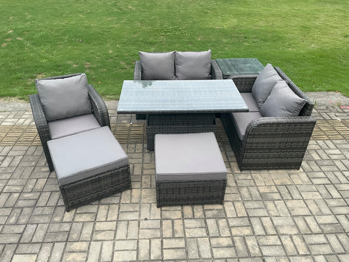 GARTENMÖBELSET Polyrattan 7-Sitzer - Dunkelgrau, Metall - Fimous