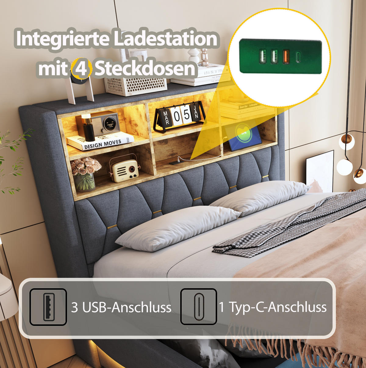 ČALOUNĚNÁ postel 140/200 cm s LED osvětlením, USB portem a hydraulickým úložným prostorem, Šedá - šedá, kov (140/200cm) - Redom