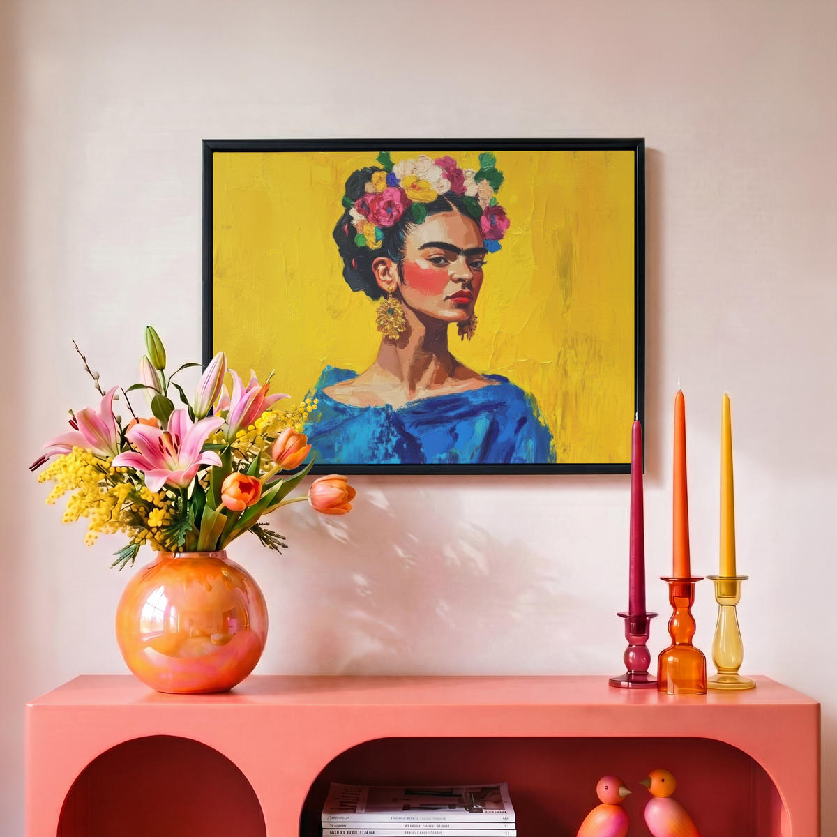 LEINWAND Bilder mit Rahmen - Frida Kahlo - Frau - Gelb - Blau - Blumen - 40x30 - Gelb, Textil (40/30cm) - MuchoWow