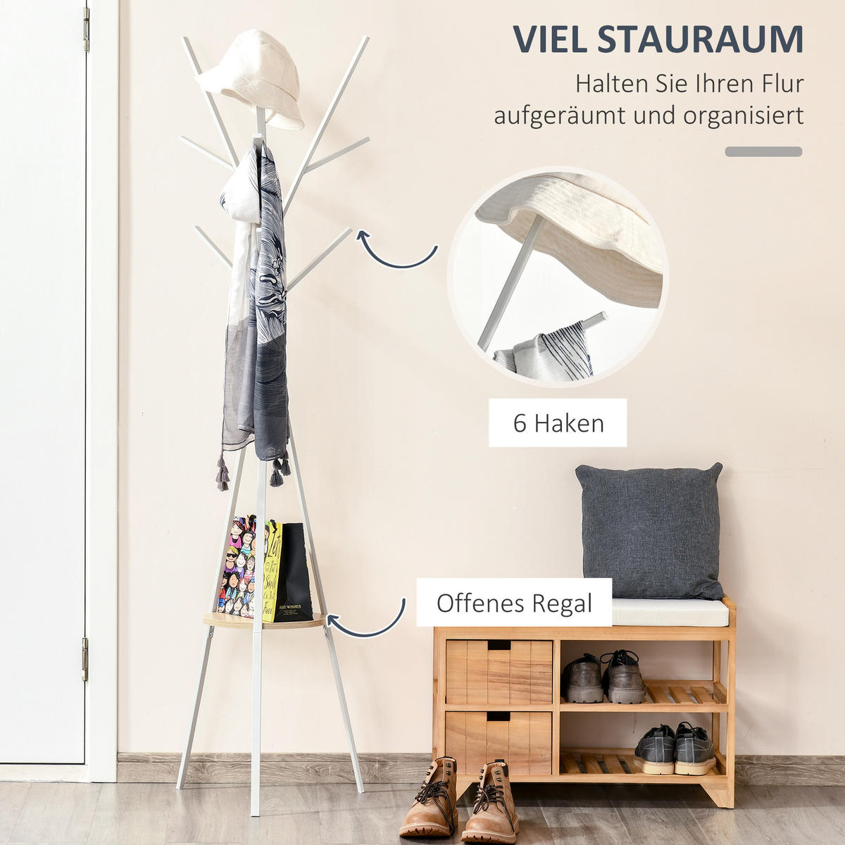 GARDEROBENSTÄNDER - Weiß, Holzwerkstoff/Metall (45/180/45cm) - HOMCOM