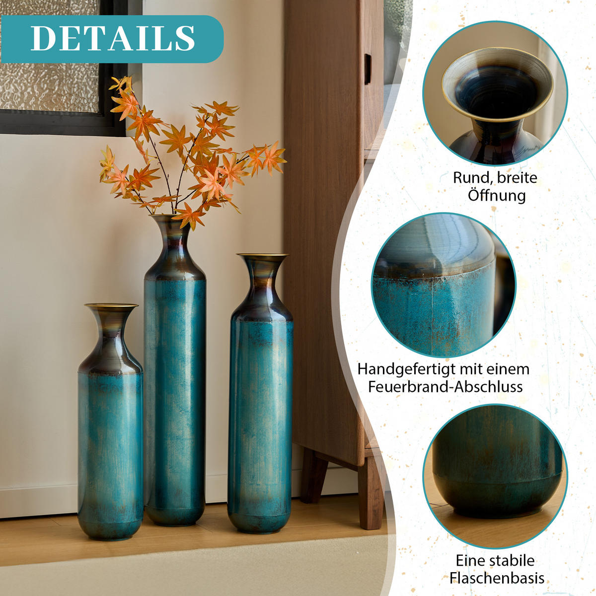 BODENVASE 3-tlg Metallvase 52-72cm Blaugrün-Patina Bodenvase Deko-Vase Trockenblumen - Grün, Metall (78.1cm) - Raelunyi
