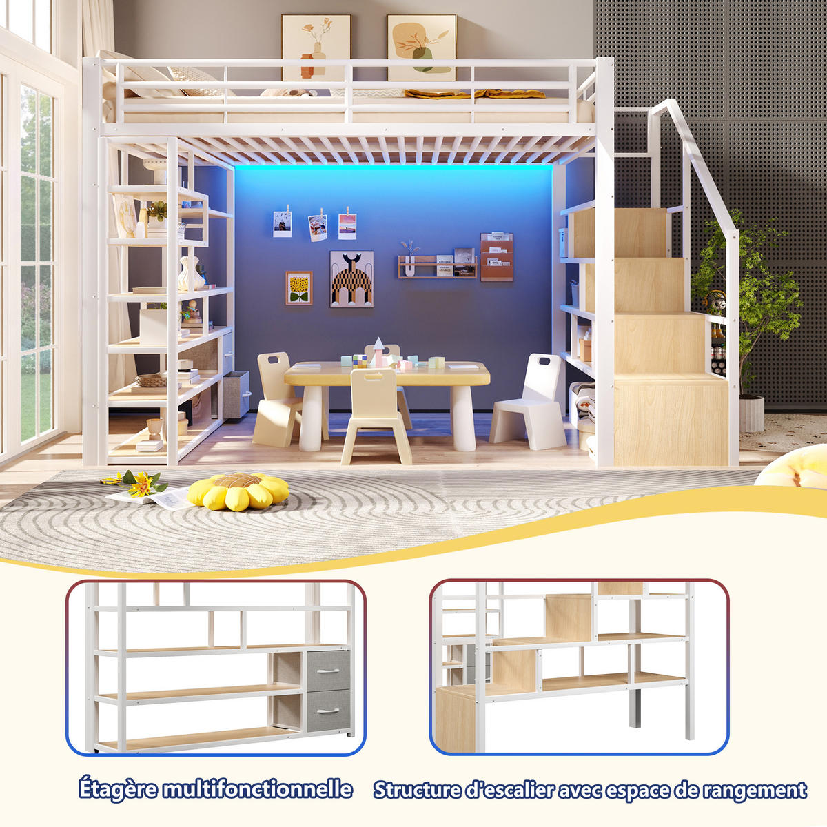 HOCHBETT 140x200 Metall mit Stauraum Treppe LED - Weiß, Metall - Gisaae