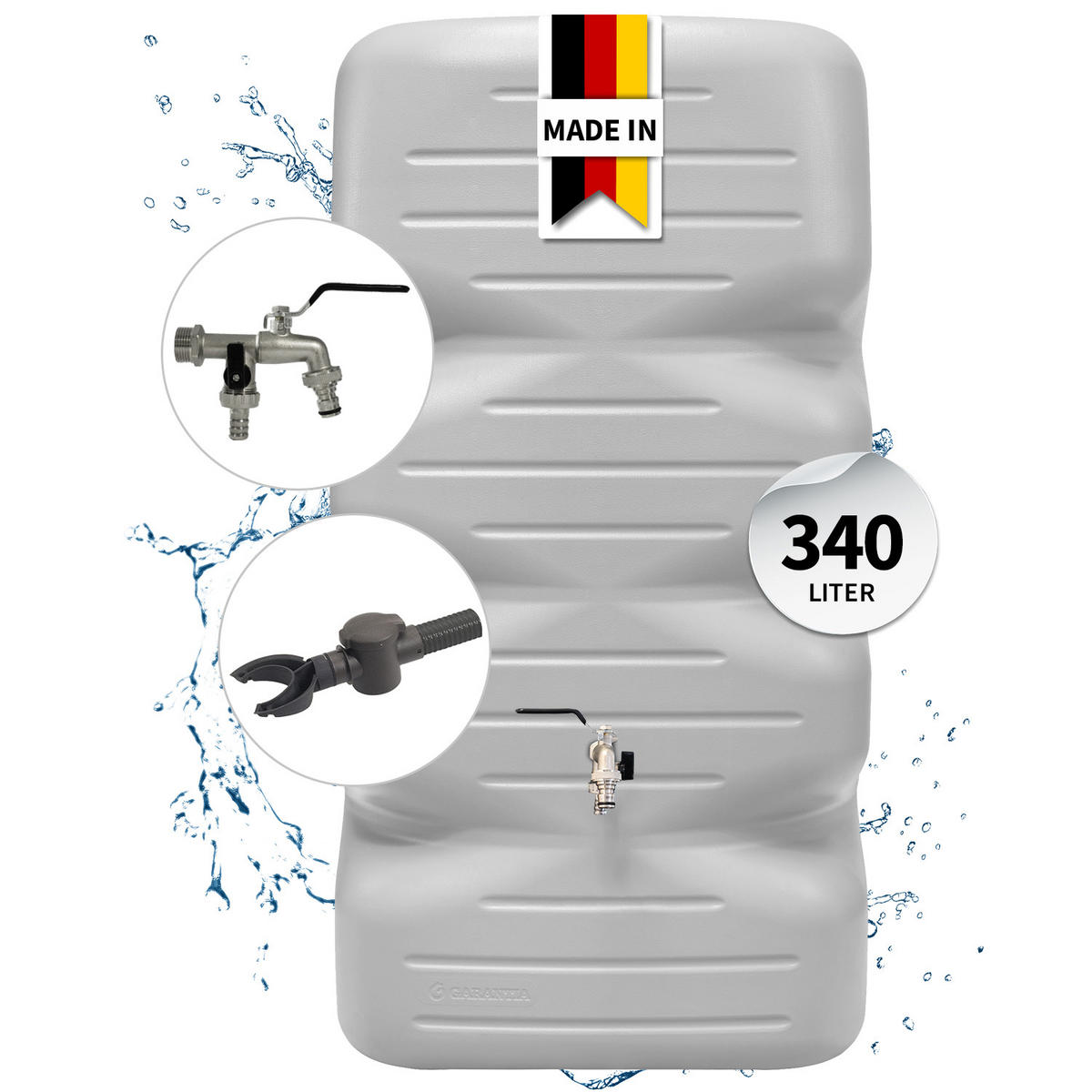 REGENTONNE Komplett-Set 340 L, betongrau inkl. Chrom-Doppelauslaufhahn und Fallrohranschluss - Grau, Kunststoff (59/112/59cm) - GARANTIA