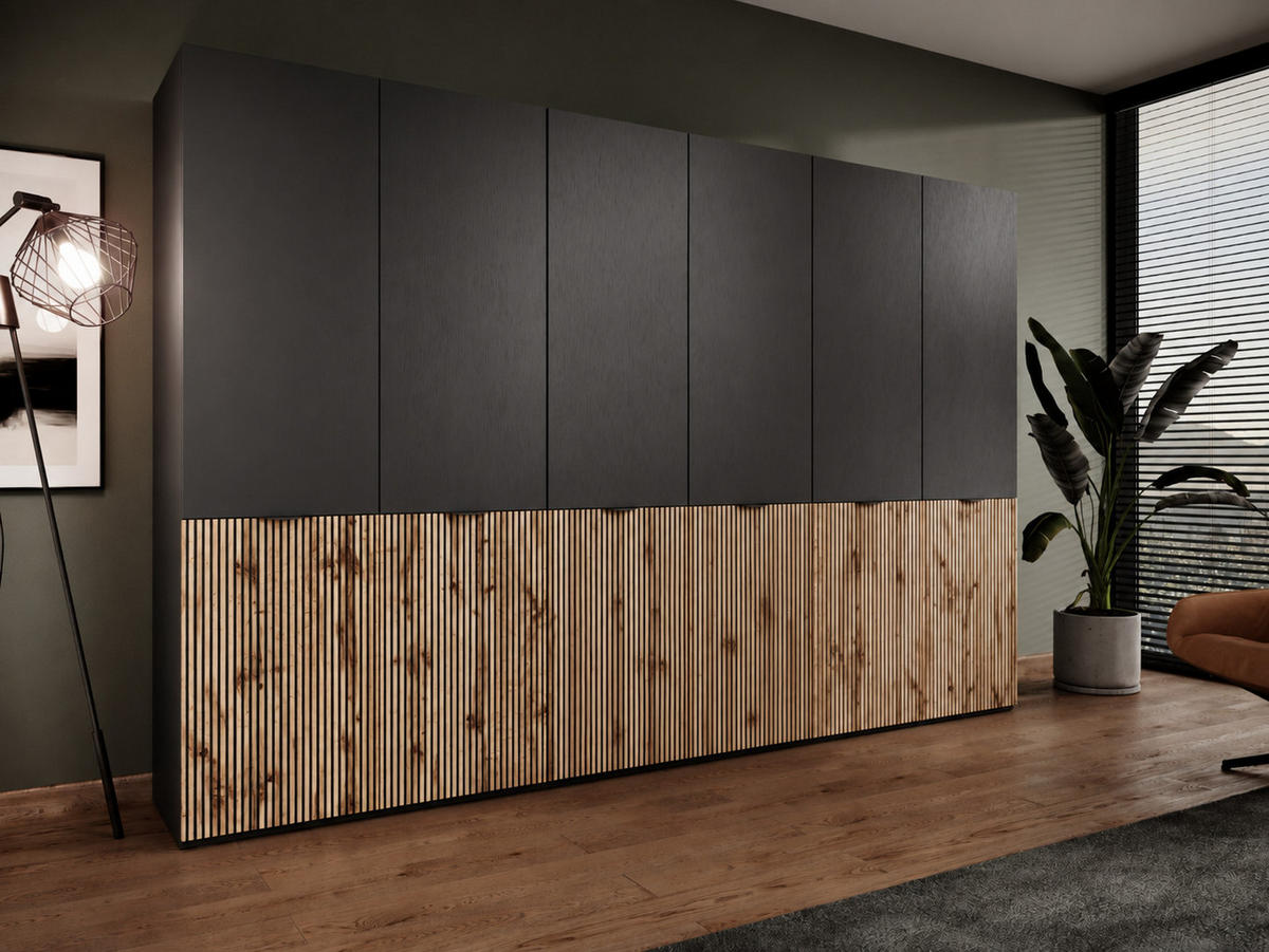 KLEIDERSCHRANK ZEN (Modular, Schwarz, Wotan Eiche Rillenfront, 6-türig) - Eiche Wotan/Schwarz, Holz/Holzwerkstoff (303/200/51cm) - Ravio