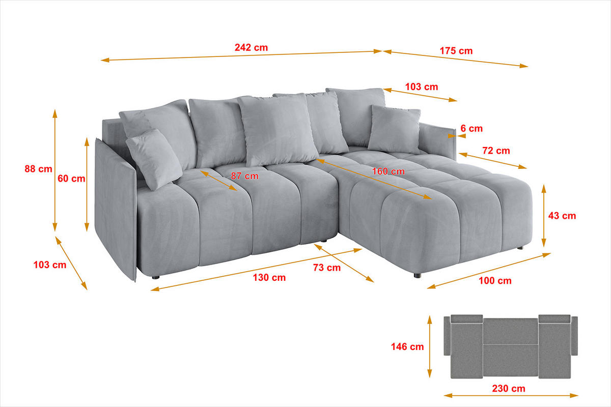 ECKSOFA mit Schlaffunktion und Bettkasten LONLI-L 242x175x88 Hellgrau Velours - Hellgrau, Holzwerkstoff/Kunststoff (242/175cm) - ALTDECOR