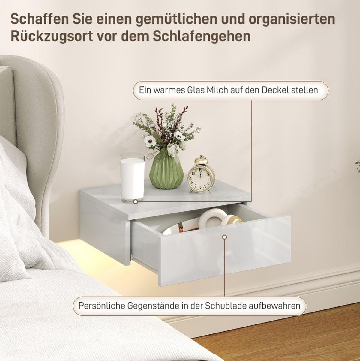 2ER-SET wandmontierte Nachttische aus Holz mit Schublade, 40/30/14 cm, Weiß (Hochglanz-Front) - Weiß, Holz (40/14/30cm) - Redom
