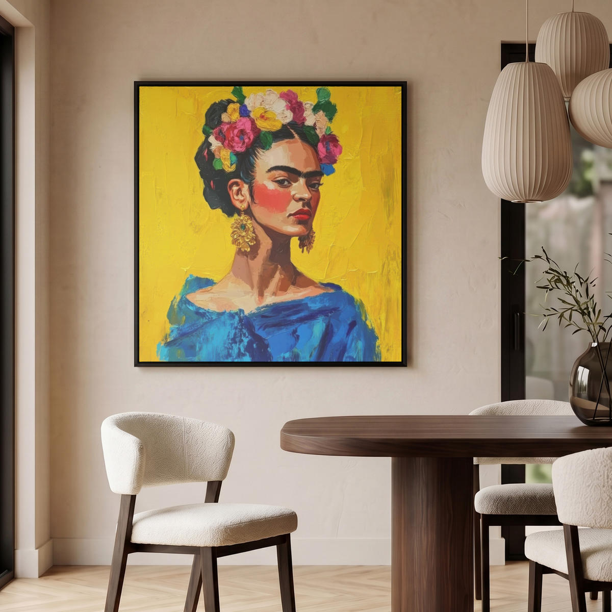 LEINWAND Bilder mit Rahmen - Frida Kahlo - Frau - Gelb - Blau - Blumen - 90x90 - Gelb, Textil (90/90cm) - MuchoWow