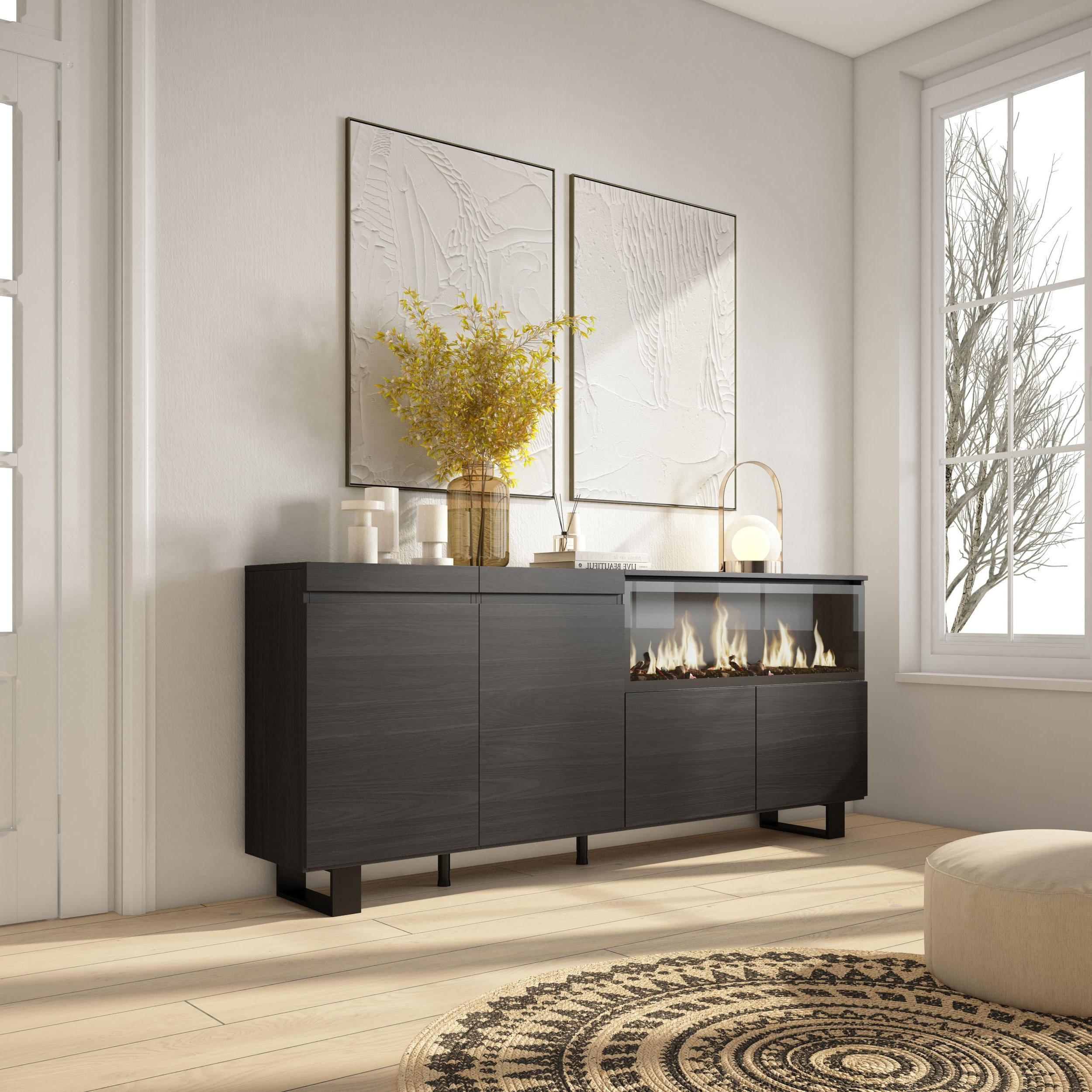 SIDEBOARD Highboard, Elektrokamin XXL, schwarz, 208/35/87cm - Multicolor/Schwarz, Holzwerkstoff (208/87/35cm) - Skraut Home