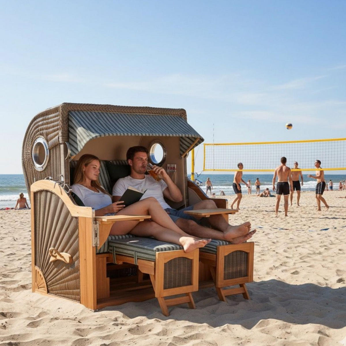 STRANDKORB Düne 2 Sitzer Teak PE Grey - Braun/Grün, Holz/Metall (125/170/80cm) - Mr. Deko