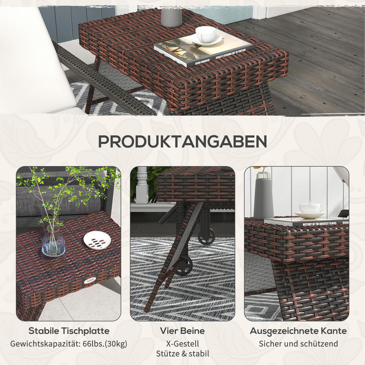 BALKONTISCH, Braun, PE Rattan, Verzinkter Stahl - Braun, Kunststoff (60/41/41cm) - Outsunny