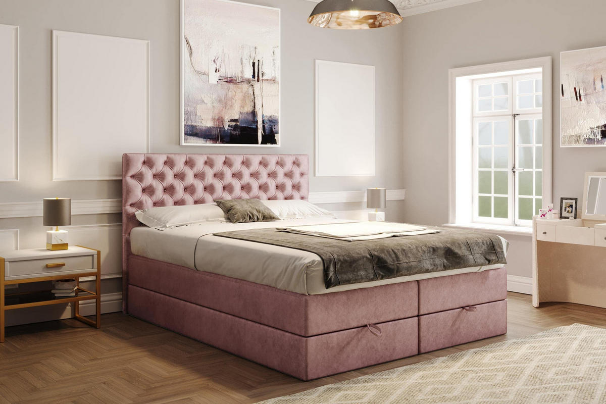 BOXSPRINGBETT 180 x 200 cm LUWR mit H3 Bonell, Bettkasten, Taschenmatratze, Chesterfield Kopfteil, Rosa - Rosa, Holz/Kunststoff (180/200cm) - Trada
