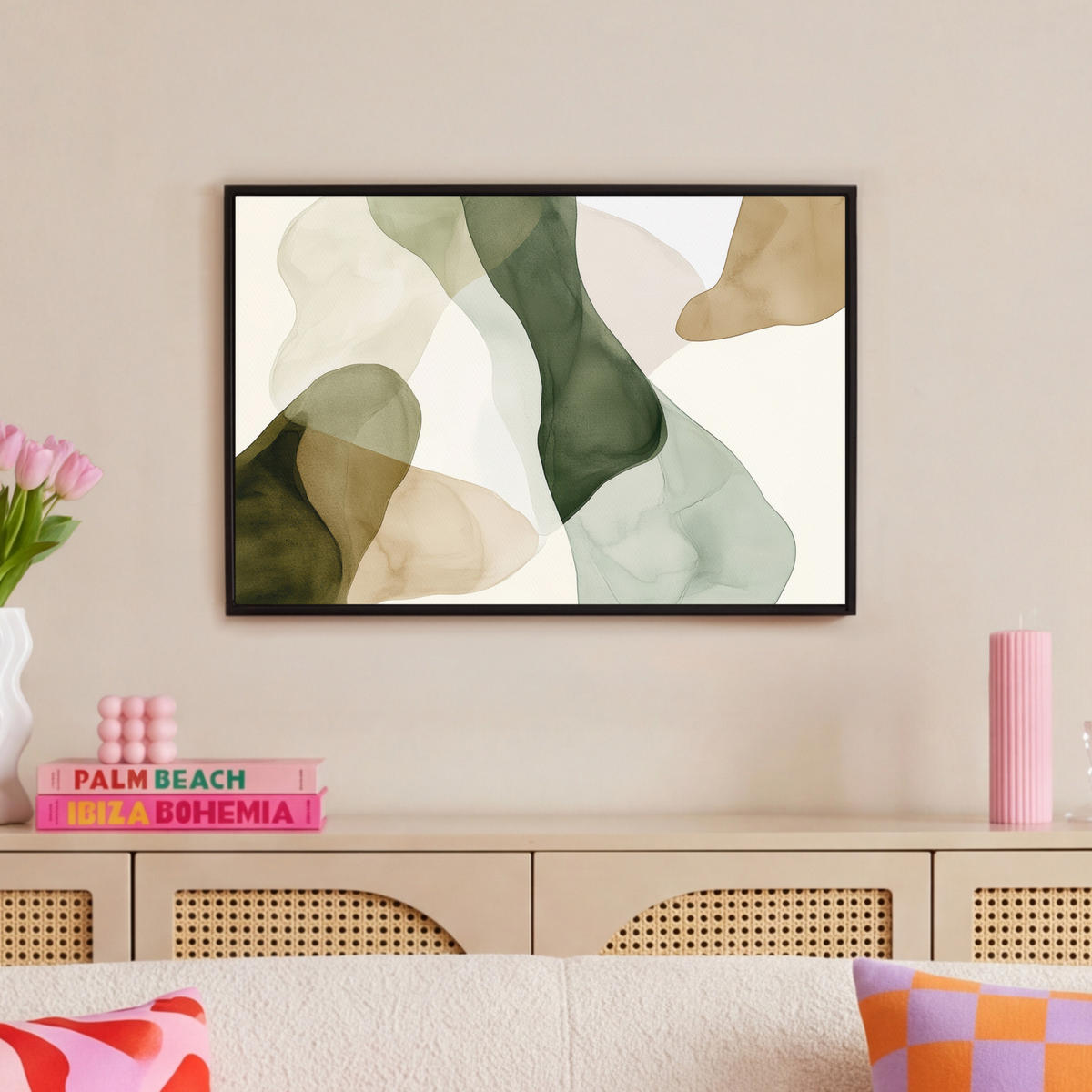 LEINWAND Bilder mit Rahmen - Japandi - Abstrakt - Grün - 60x40 - Salbeigrün, Textil (60/40cm) - MuchoWow