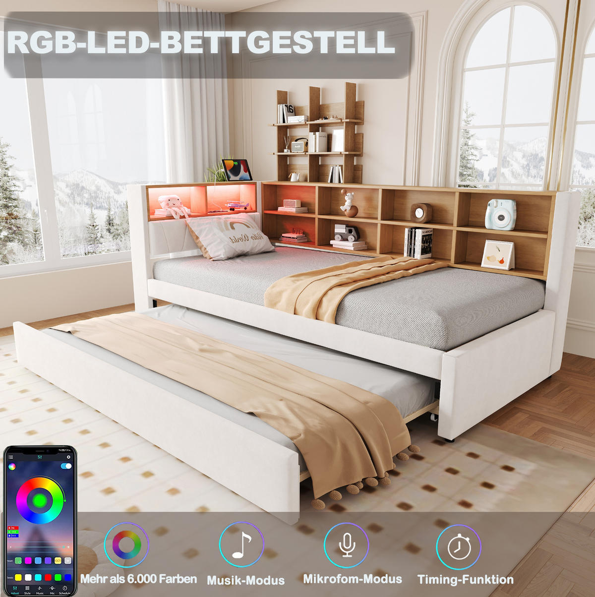 BETT 90/200 cm Beige aus Flanell mit Bett und LED - Beige, Textil (90/200cm) - OKMYHOME