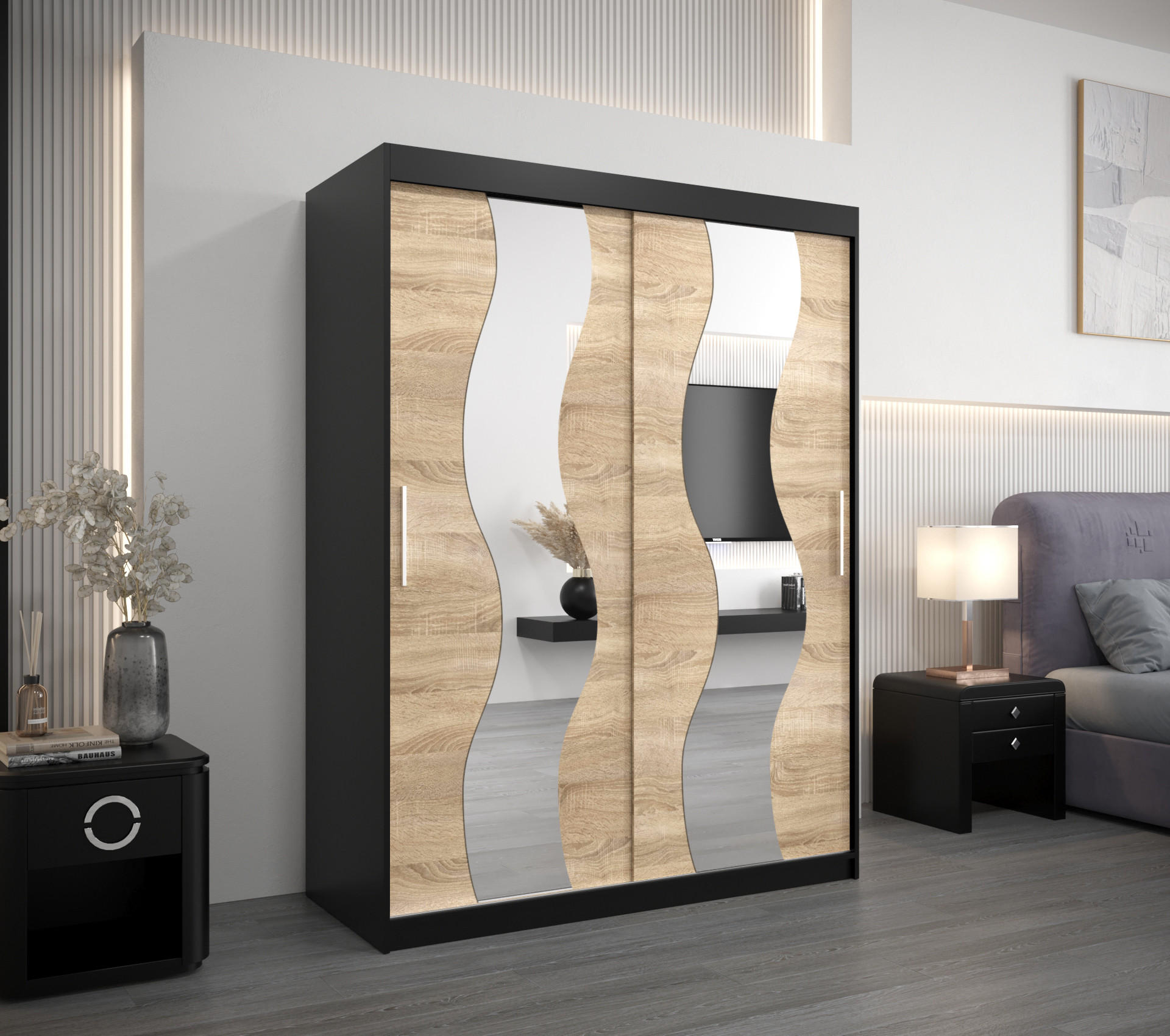 SCHWEBETÜRENSCHRANK 200/150/62 2-türig - Silberfarben/Schwarz, Holz/Kunststoff (150/200/62cm) - Abiks Möbel