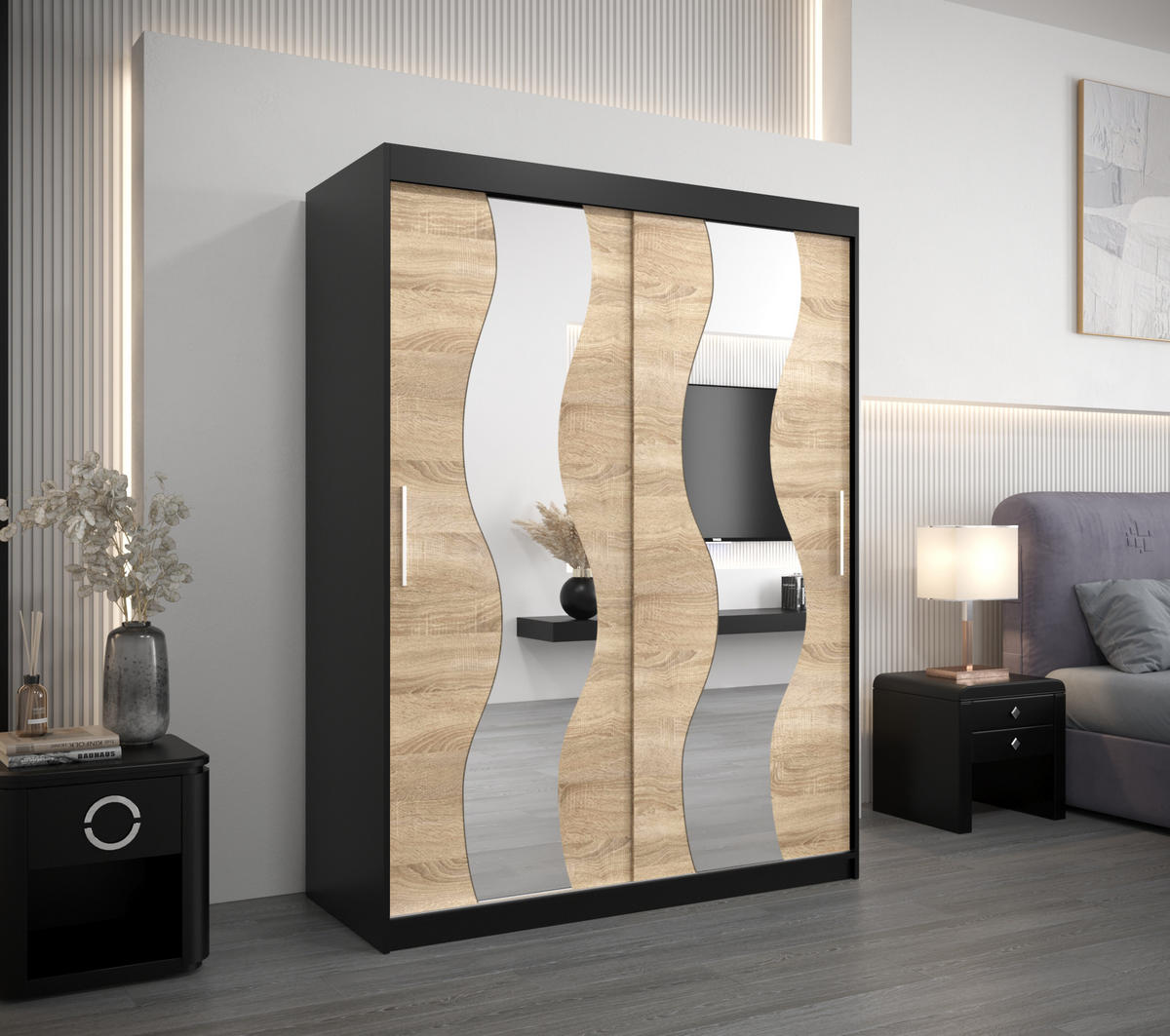 SCHWEBETÜRENSCHRANK 200/150/62 2-türig - Silberfarben/Schwarz, Holz/Kunststoff (150/200/62cm) - Abiks Möbel