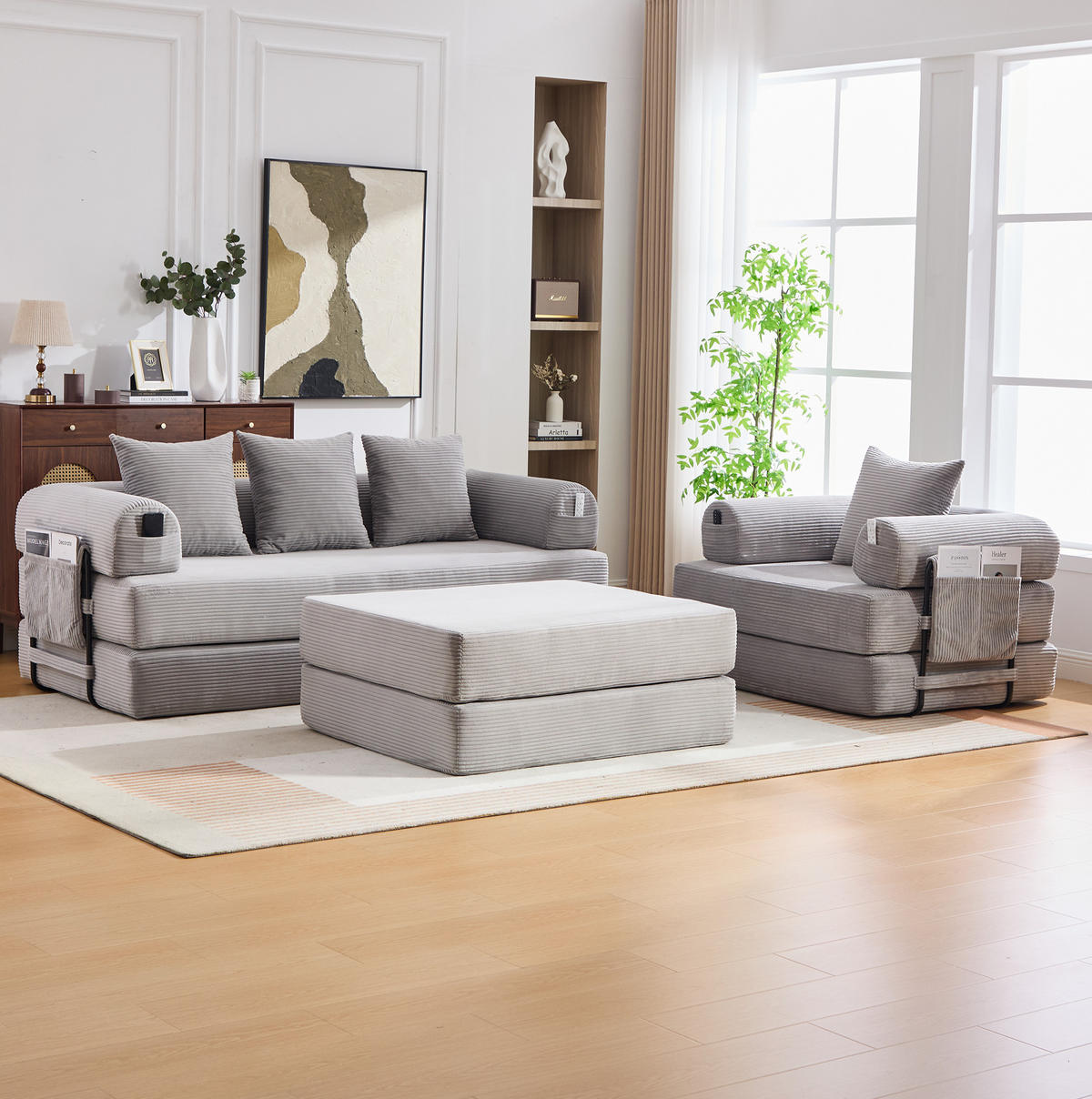 SOFA modular mit Hocker 200 x 94 x 67 cm Cord Hellgrau - Hellgrau, Kunststoff (190/67/312cm) - Meubliv