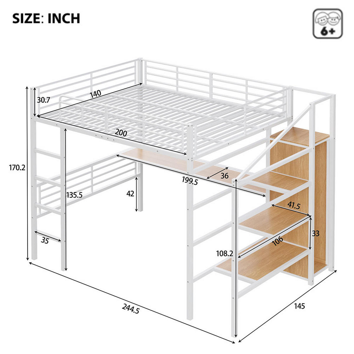 HOCHBETT 140x200cm mit offener Kleiderschrank in Weiß - Grau, Metall (140/200cm) - KOMHTOM