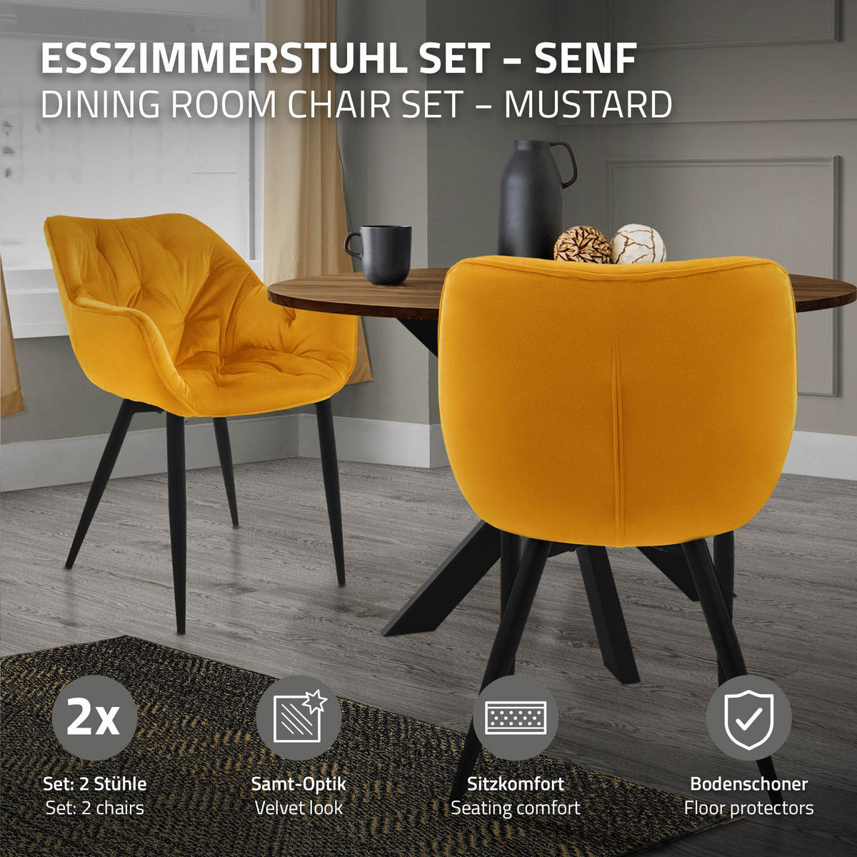 ESSZIMMERSTÜHLE 2er Set Senfgelb Samt - Dunkelgelb/Schwarz, Metall (67/83/59cm) - ML-DESIGN