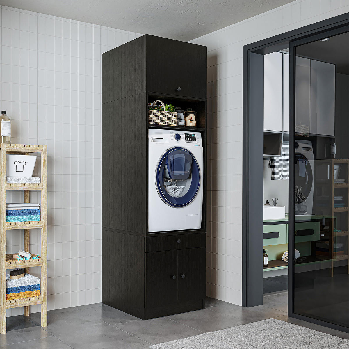 WASCHMASCHINENSCHRANK Serie 1 65cm Breit, 230cm Hoch - Schwarz, Holzwerkstoff (65/230/67cm)
