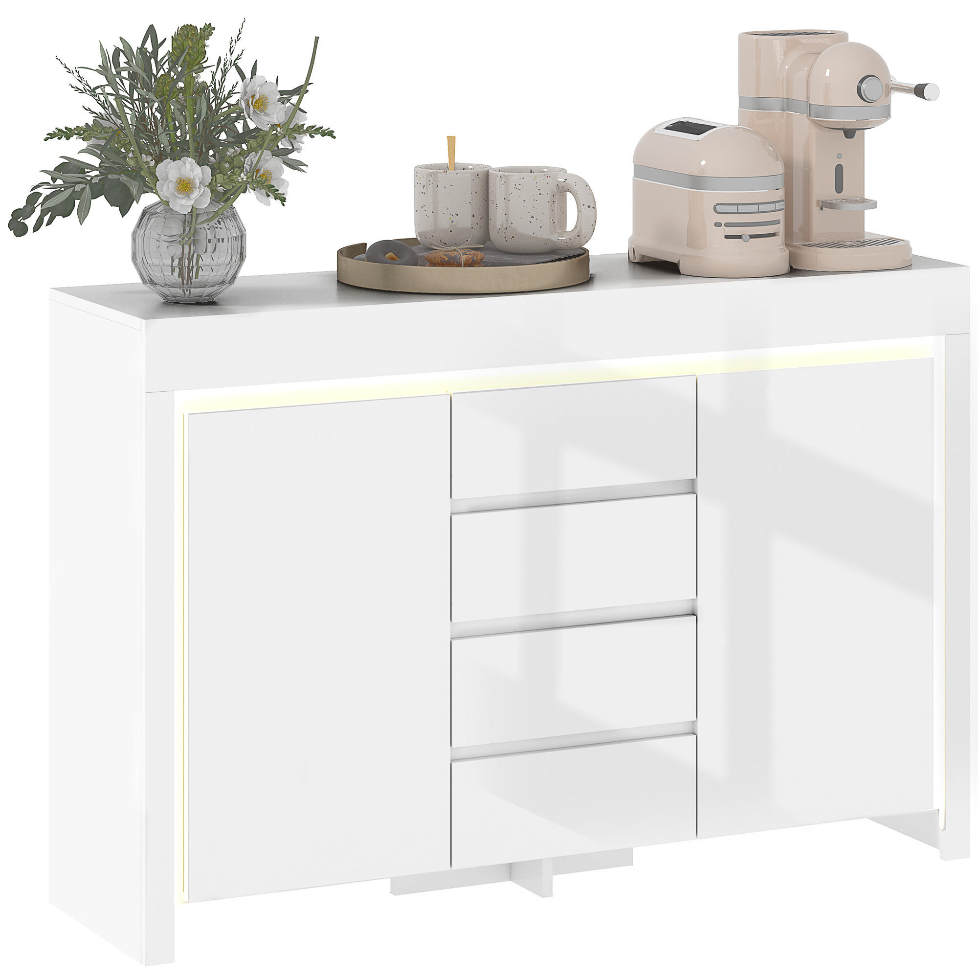 SIDEBOARD Weiß Hochglanz, LED-Beleuchtung, 4 Schubladen, 120/34/80 cm - Weiß Hochglanz, Holz (120/80/34cm) - PANGIVO