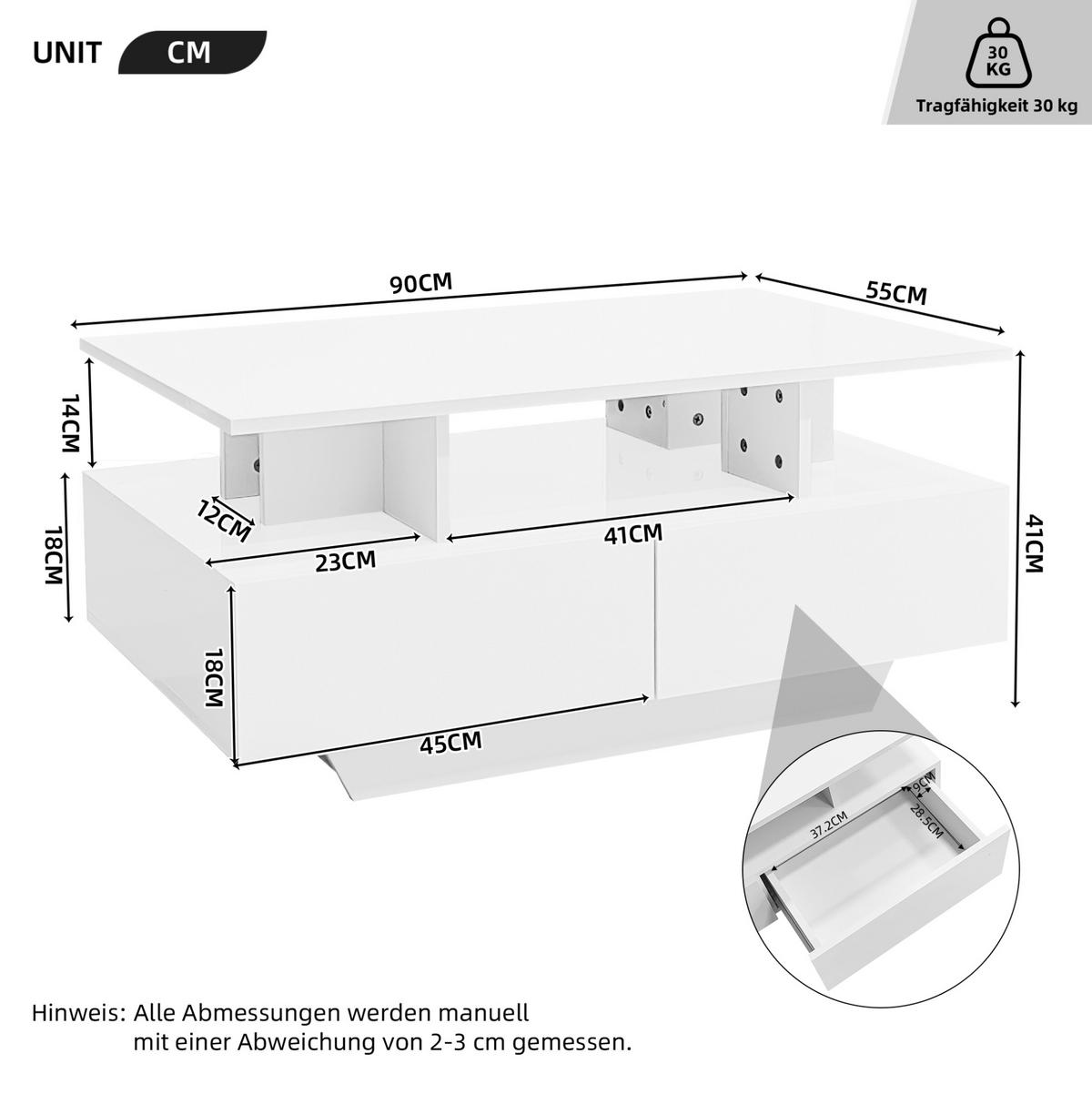 COUCHTISCH 90/55/41 cm in Weiß mit LED-Beleuchtung und 2 Schubladen - Weiß, Holzwerkstoff (90/55/41cm) - Flora Grace