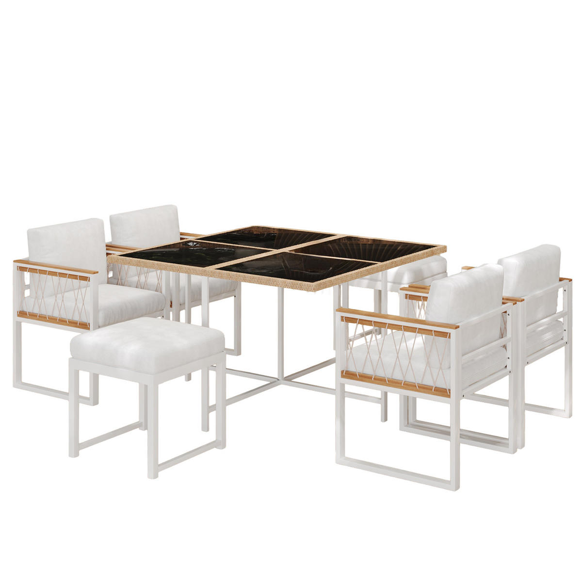 GARTENSET 7 tlg 6 Personen Tisch Stühle - Weiß, Metall - LEBENLANG