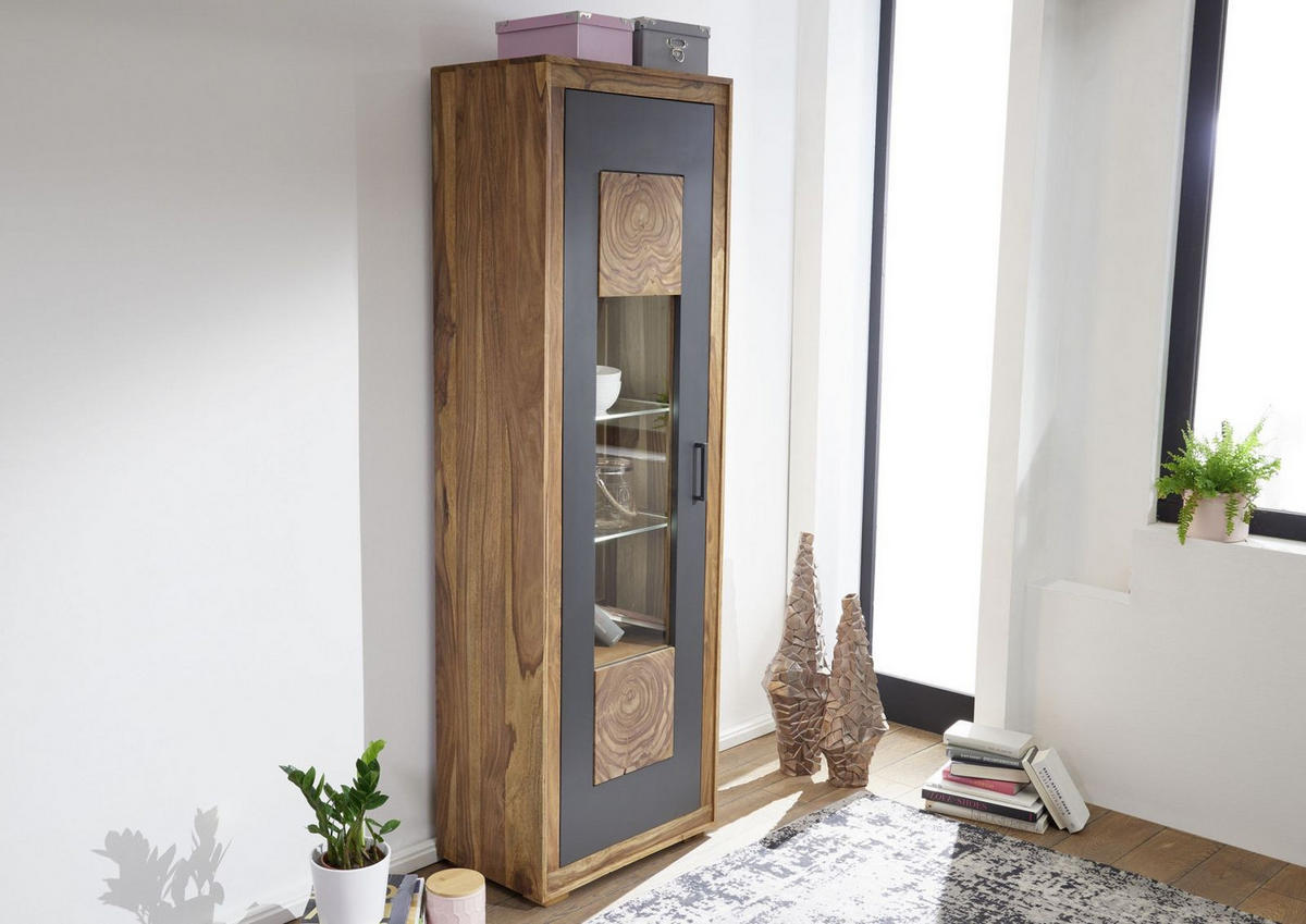 VITRINE Sheesham 66x40x201 gebeizt TURIN #01 - Braun, Holz (66/201/40cm) - Massivmoebel24