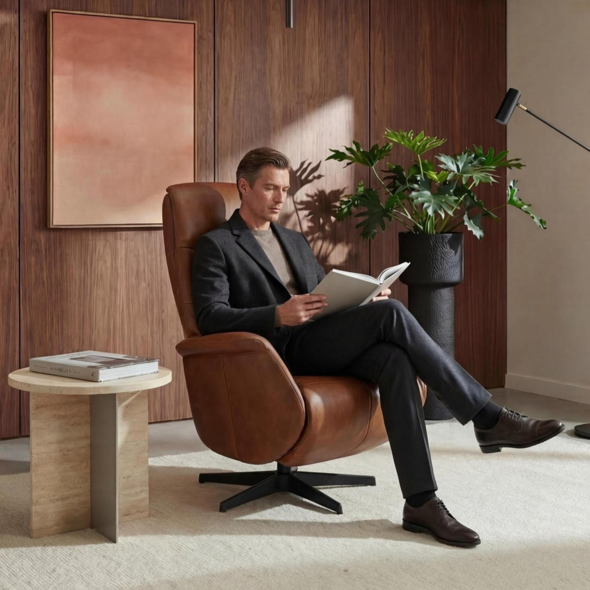 RELAXSESSEL Echtleder Cognac Braun - Schwarz/Braun, Leder/Metall (90/114/79cm) - Furnhouse