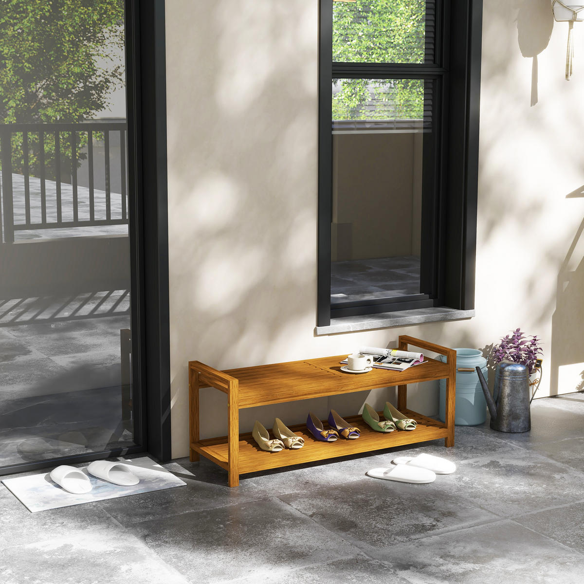 SCHUHBANK mit Armlehnen, Holzbank mit Schuhablage, für 2 Personen, Holz, Teak - Teakfarben, Holz (40.5/46/118cm) - Outsunny