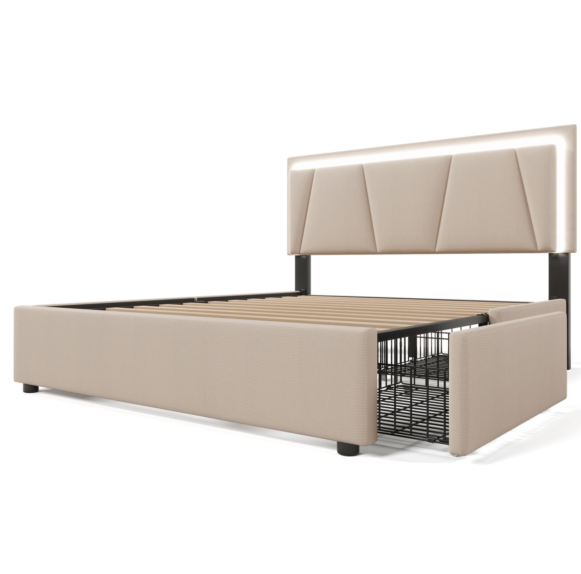 POLSTERBETT aus Leinen 160x200 cm in Beige mit LED-Beleuchtung & Matratze - Beige, Textil (160/200cm) - Modfu