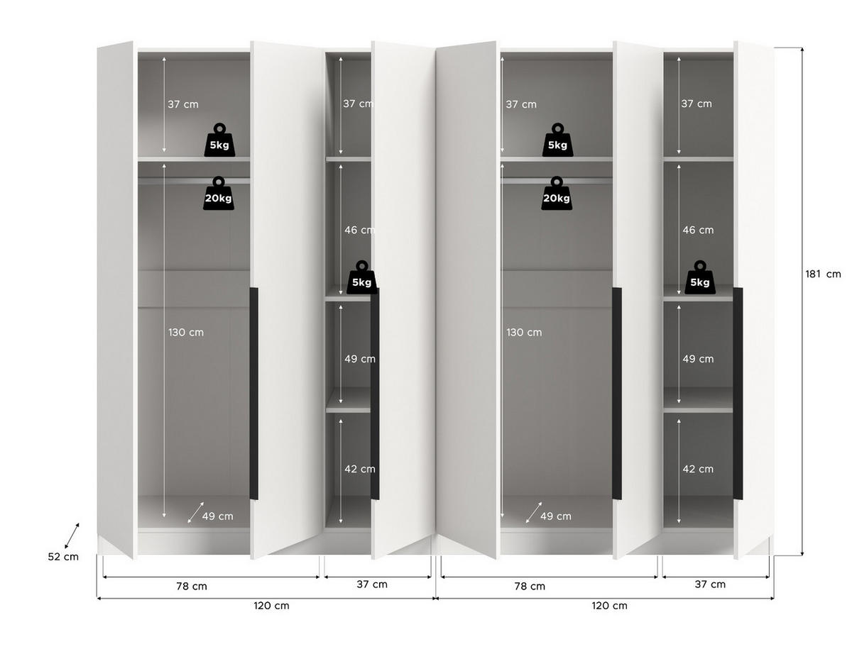 KLEIDERSCHRANK weiß 6-türig 240 x 181 cm, Drehtürenschrank mit Kleiderstange - Schwarz/Weiß, Holzwerkstoff/Kunststoff (240/181/52cm) - Inn.Furn