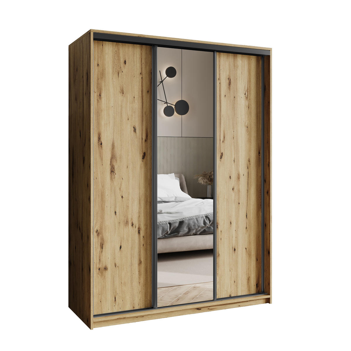 SCHWEBETÜRENSCHRANK TAVI 150/205/60 cm 3-türig mit Spiegel Eiche Artisan - Eiche Artisan, Holzwerkstoff (150/205/60cm) - MASSENO