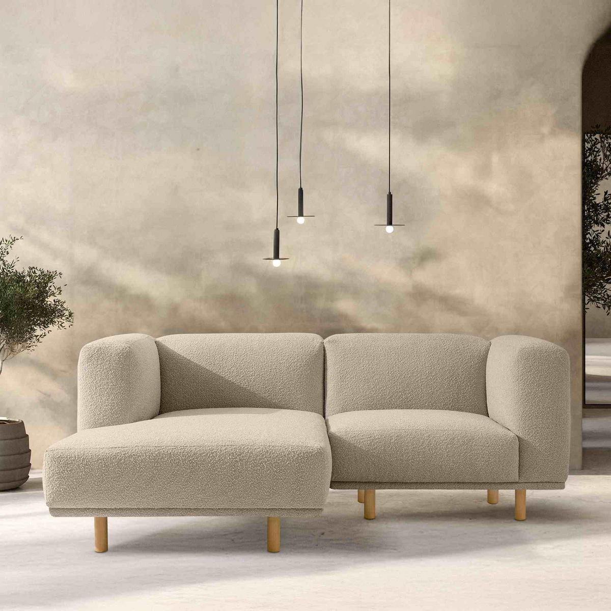 ECKSOFA-LINKS FOSERO, Bouclé - Buchefarben/Creme, Holz/Holzwerkstoff (204/155cm) - KONSIMO®
