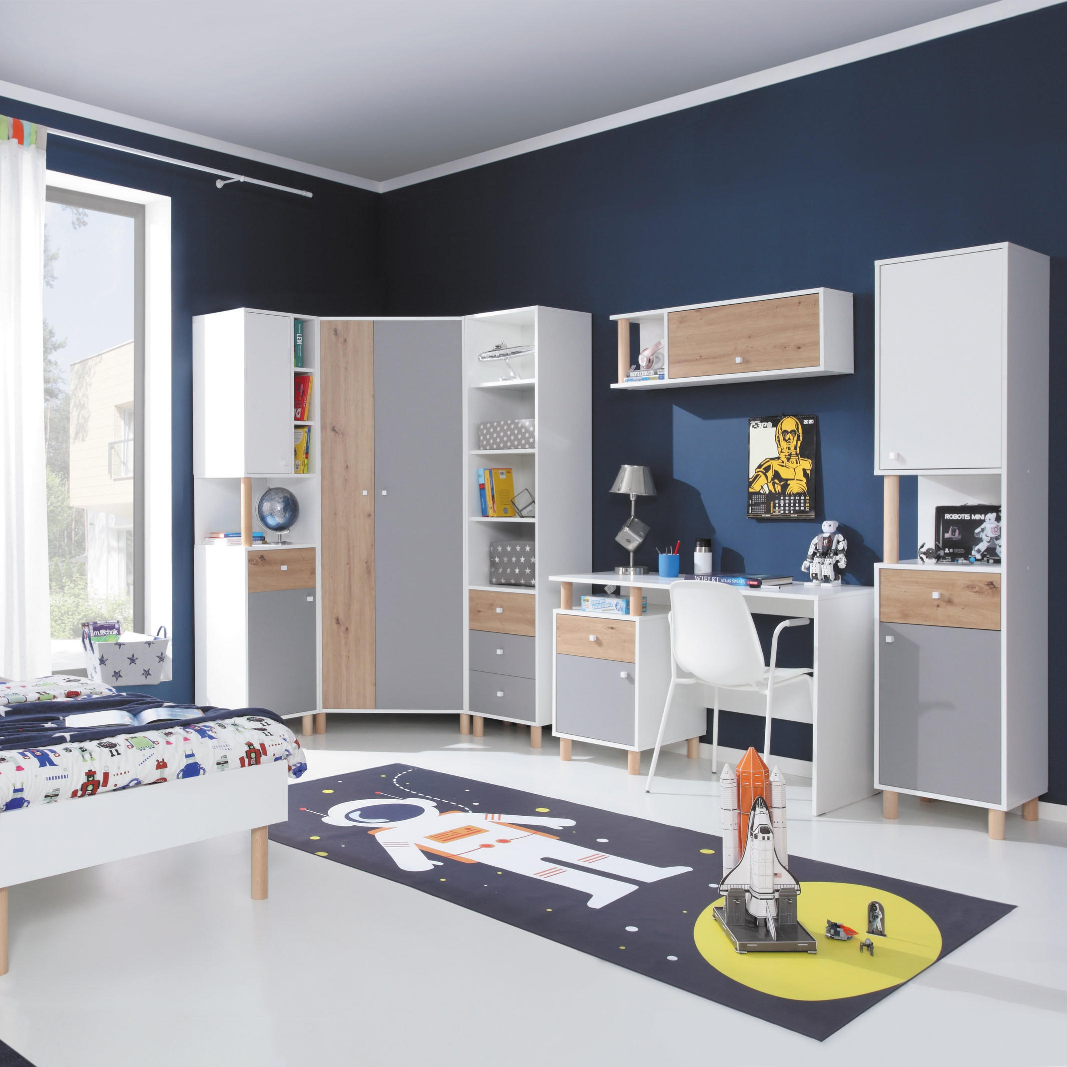 Thumbnail - Beautysofa Drehtürenschrank, Weiß, Grau, Eiche Artisan, Holzwerkstoff, 5 Fächer, 2 Schubladen, 120x190x50 cm, Schlafzimm...