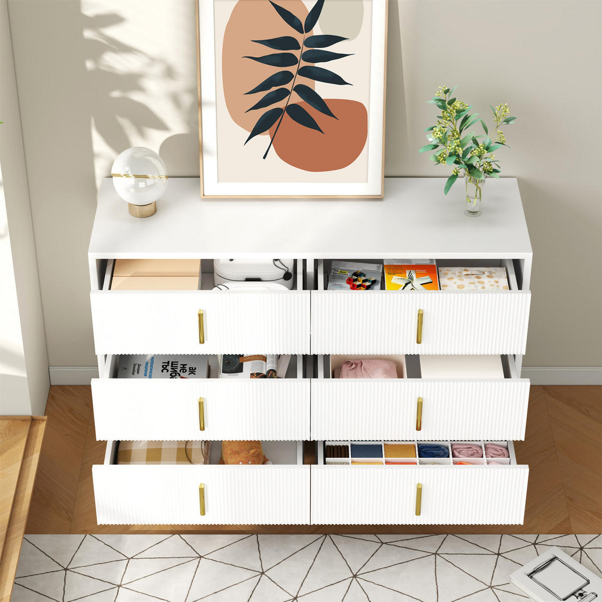 SIDEBOARD Weiß, 6 Schubladen, modernes Eckdesign - Weiß, Holz (120/77/40cm)