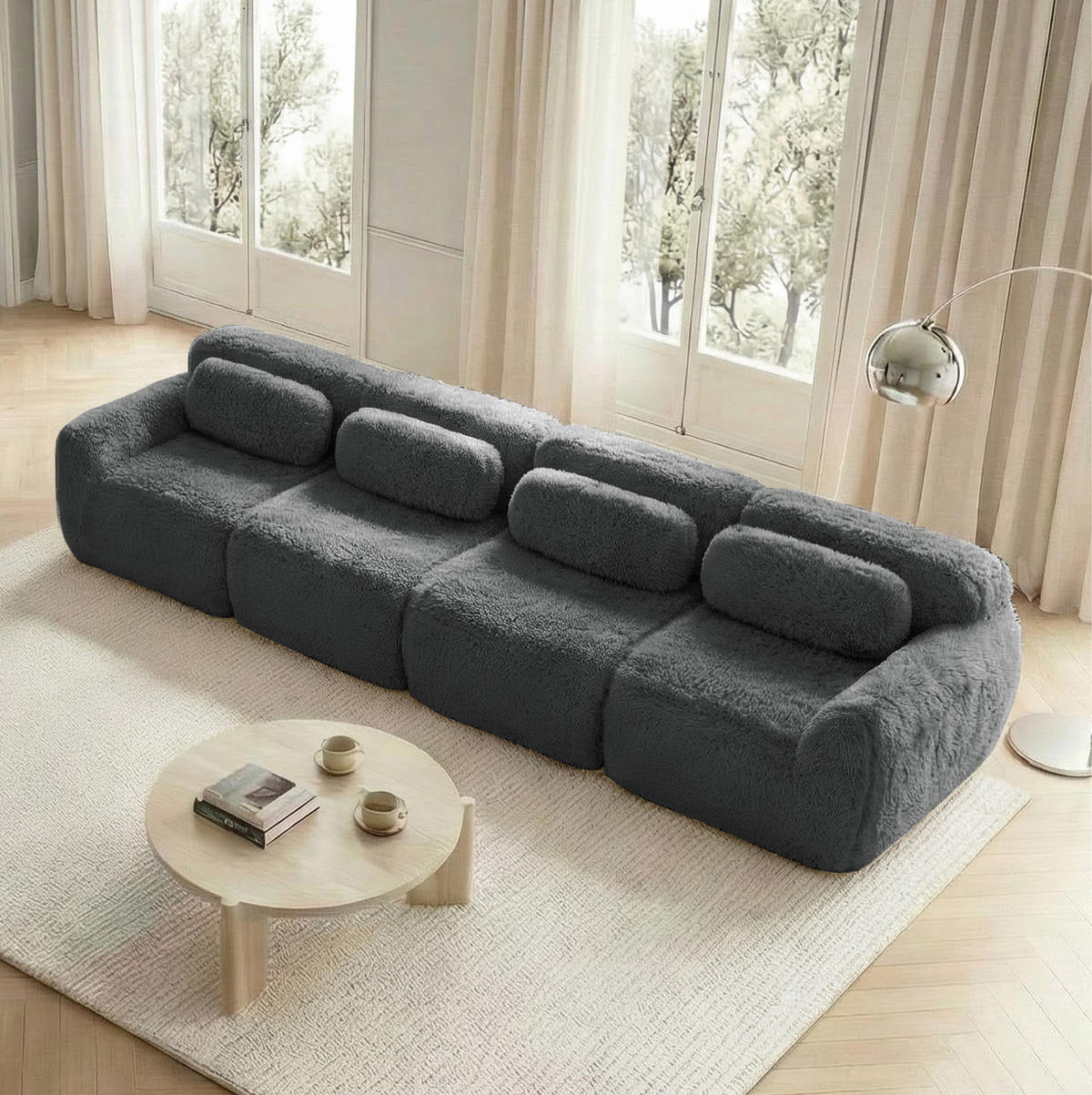 4-SITZER Sofa aus Plüsch mit modularem bonelosem Design Grau - Grau, Textil (104/73/378cm) - Modenvie