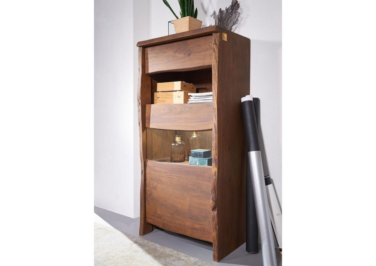 VITRINE Akazie 71x45x147 braun lackiert PURE ACACIA #210 - Braun, Holz (71/147/45cm) - Massivmoebel24