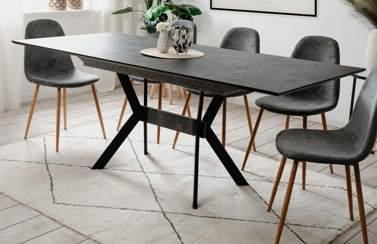 ESSTISCH Stein grau dunkel, Küchentisch ausziehbar 160 - 200 x 90 cm - Dunkelgrau/Schwarz, Holzwerkstoff/Metall (160/90/76cm) - Furn.Design