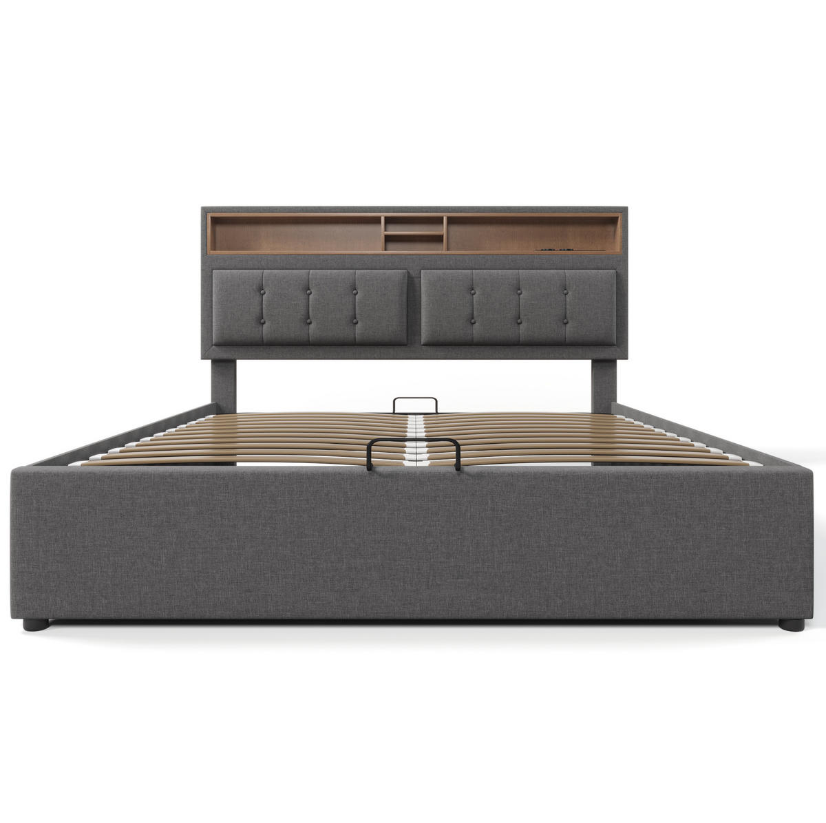 POLSTERBETT aus Leinen 140x200 cm Grau mit Matratze, Stauraum, USB- und Typ-C-Anschluss - Grau, Textil (140/200cm) - IVMEU