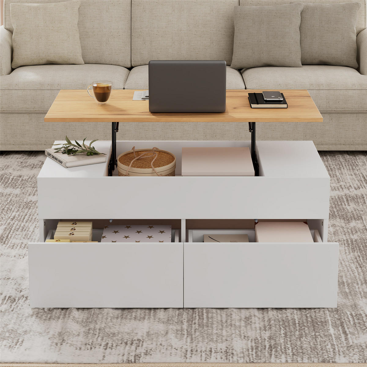 COUCHTISCH höhenverstellbar 2 Schubladen Weiß Holzfarbe 100/40/50 cm - Weiß, Holz (100/50/40cm) - Kaket