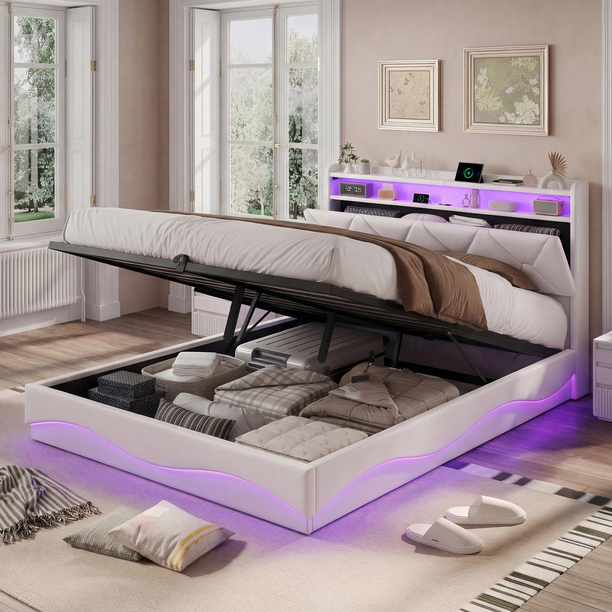 KLÄDD säng 160/200 cm grå med sänglåda och USB-portar - Beige, Trä (160/200cm) - SHOPENTRA