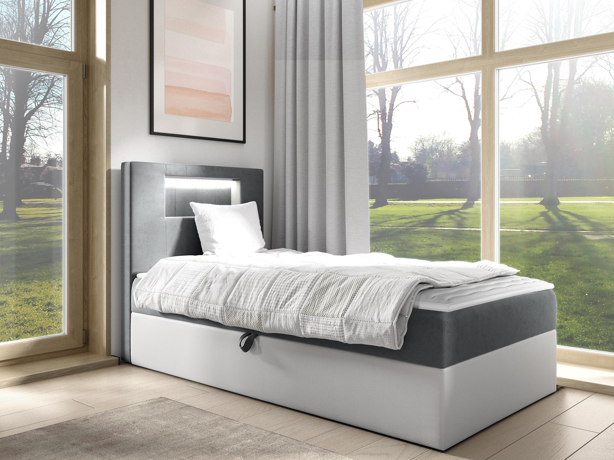 BOXBETT Gold Junior 1, Seite zum Öffnen des Bettkastens: Links - Weiß/Grau, Holz (90/200cm) - MIRJAN24